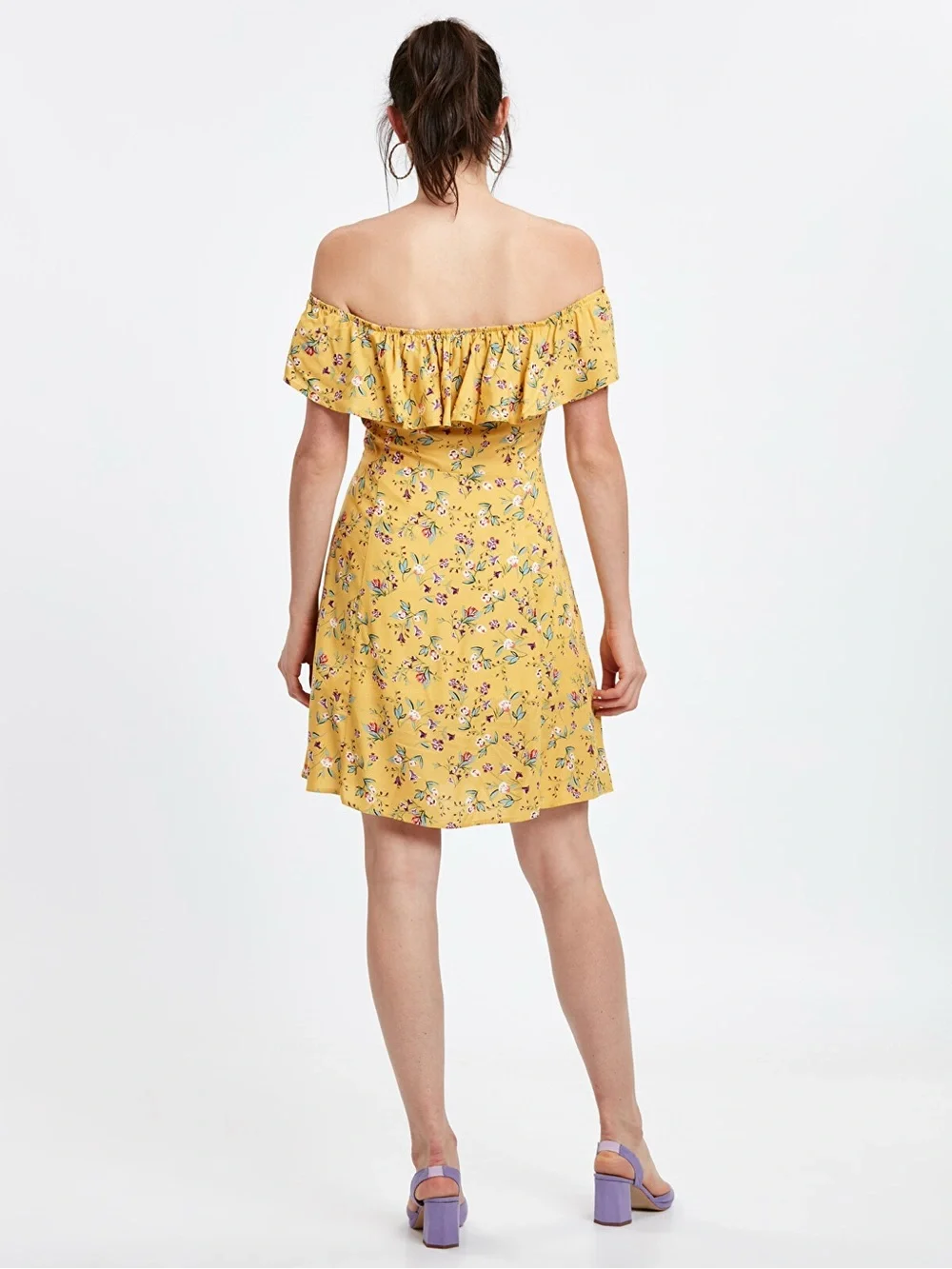 Topshop Yellow Floral Off-Shoulder Button-Front Mini Dress